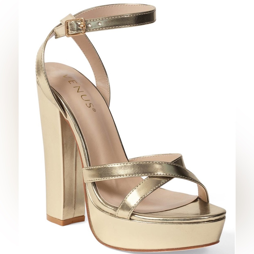 Venus Gold Block Platform Heel, Size 9